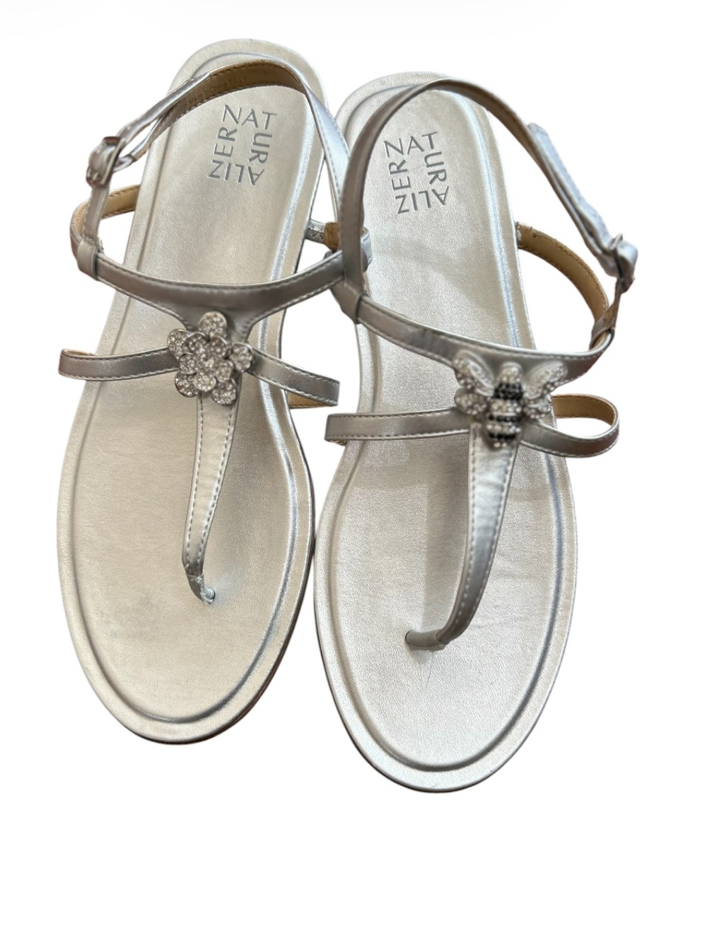 Naturalizer Silver Gem Floral Sandals and Gem Bee T Strap size 12 summertime EUC